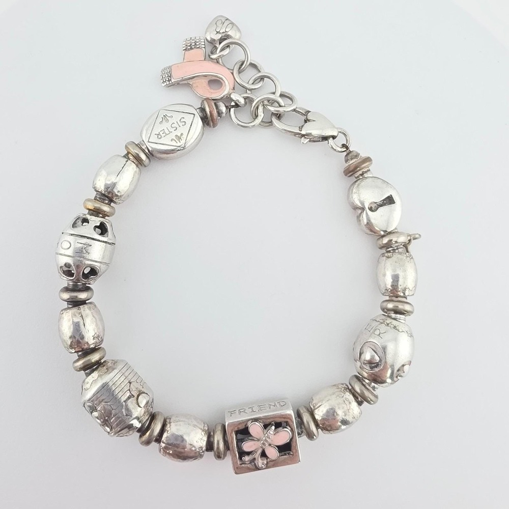 BRIGHTON 'Power Of Pink' Charm Bracelet Breast Cancer Enamel Silver Plate 7.5"